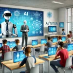 A futuristic classroom with students using AI-powered devices