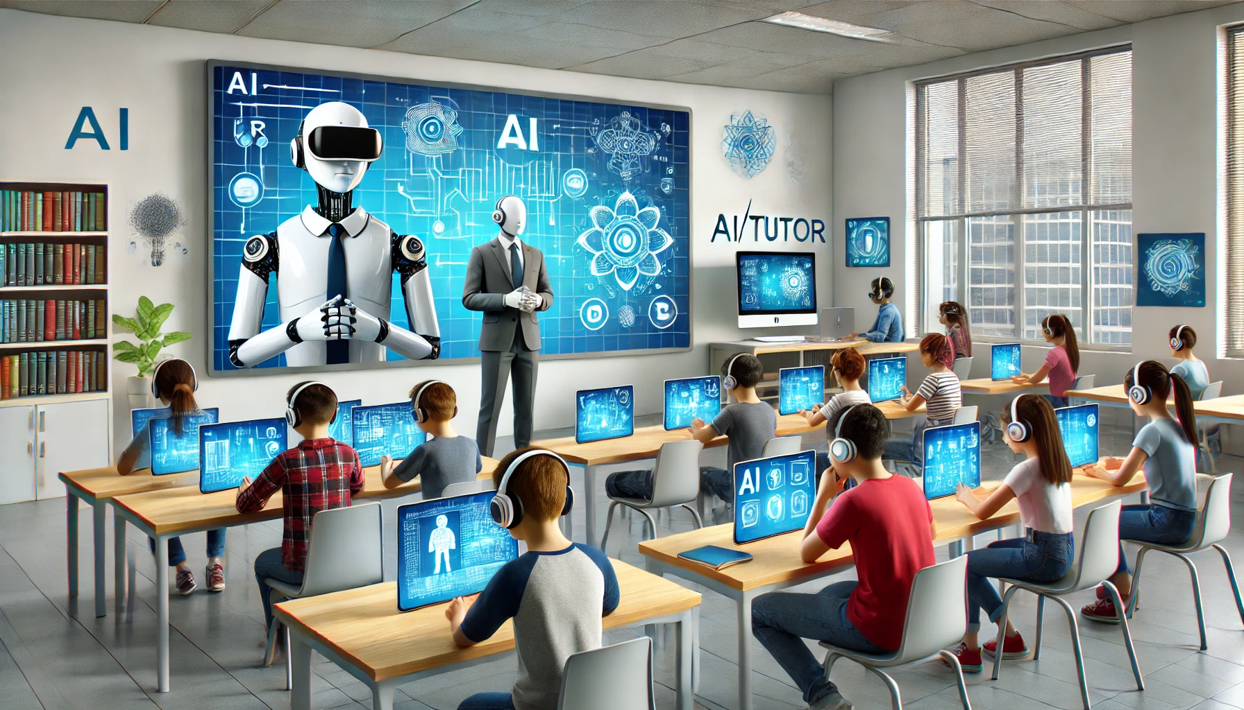 A futuristic classroom with students using AI-powered devices