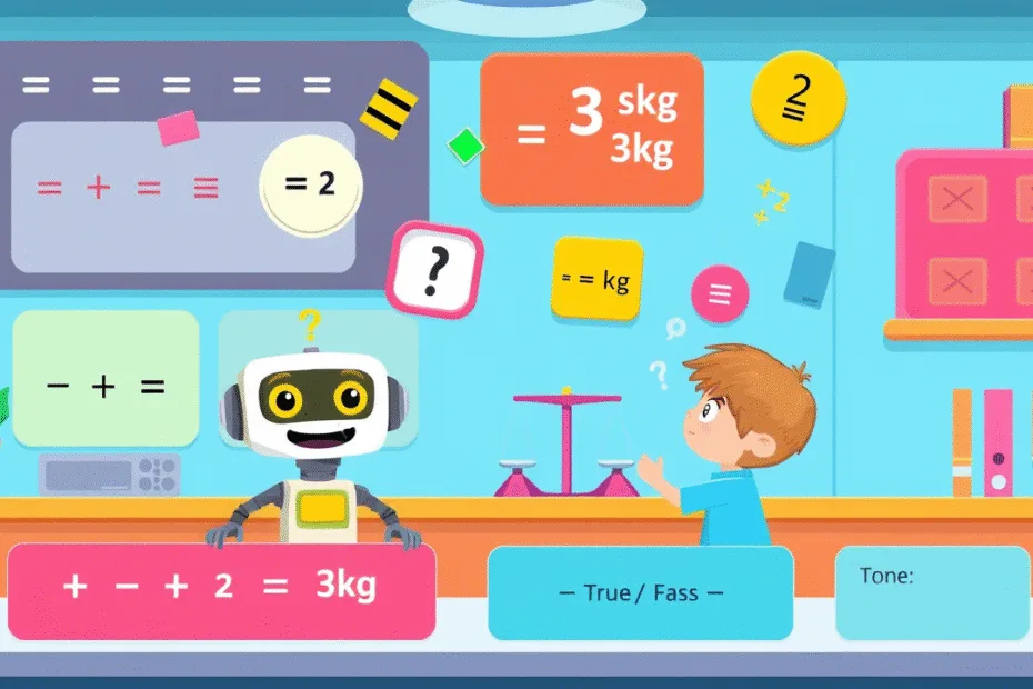 A cartoon math lab where a robot and a child are solving problems together