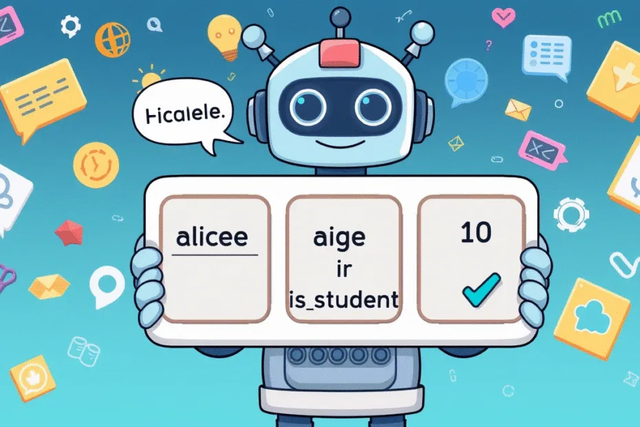 Python Programming A cartoon robot holding three labeled boxes