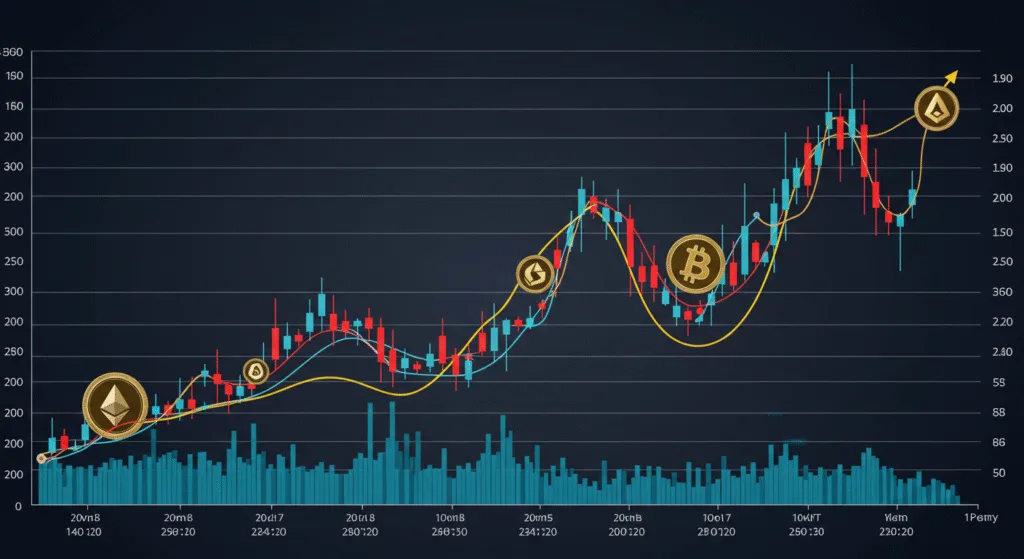 A chart showing cryptocurrency market trends highlighting the upward and downward price movements of various coins02 BLOG PK A chart showing cryptocurrency market trends highlighting the upward and downward price movements of various coins
