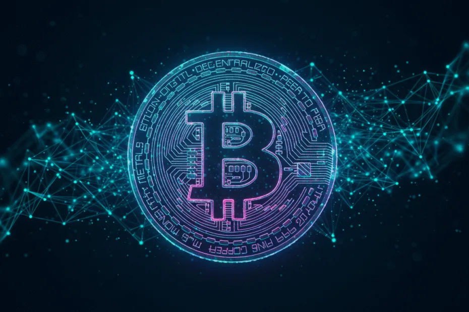 A digital representation of Bitcoin with a blockchain network background