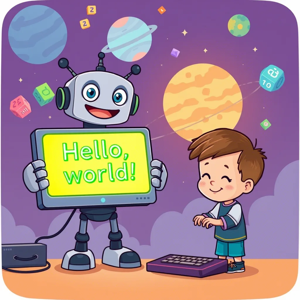 A friendly robot holding a glowing computer screen that shows the words Hello world02 BLOG PK Python Programming For Beginners