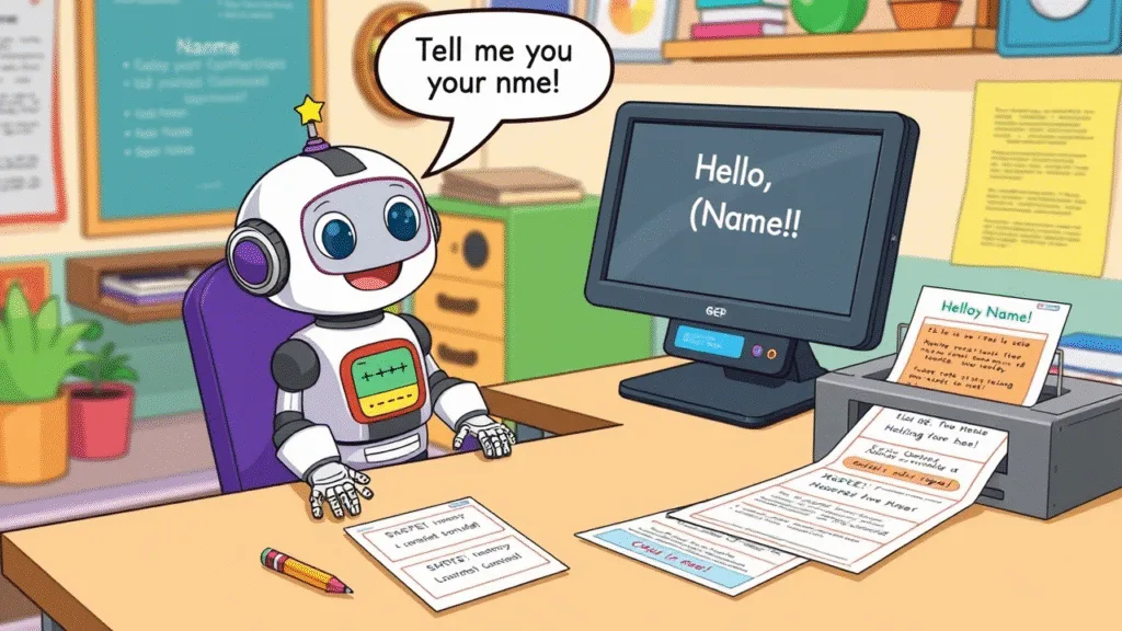 A friendly robot sitting at a computer desk talking to a child01l3 BLOG PK A friendly robot sitting at a computer desk talking to a child