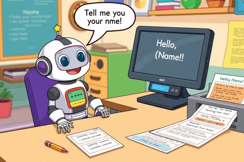 A friendly robot sitting at a computer desk talking to a child