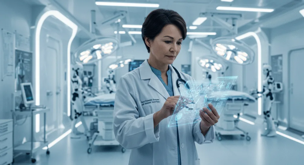 A futuristic hospital scene with a doctor reviewing AIgenerated diagnostic reports on a tablet01 BLOG PK A futuristic hospital scene with a doctor reviewing AI generated diagnostic reports on a tablet