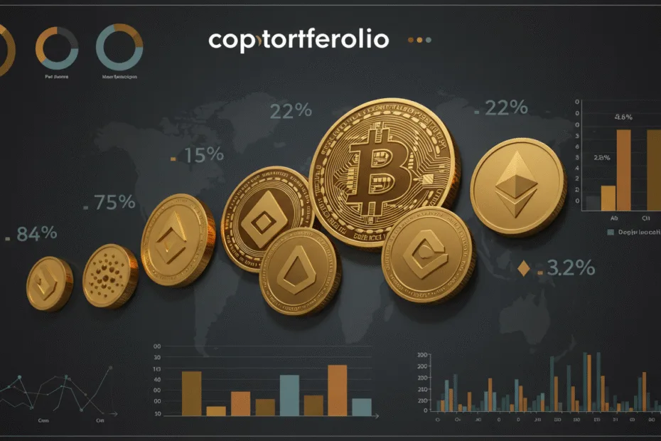 A graphic showing a diversified cryptocurrency portfolio with icons of Bitcoin Ethereum Cardano and other altcoins