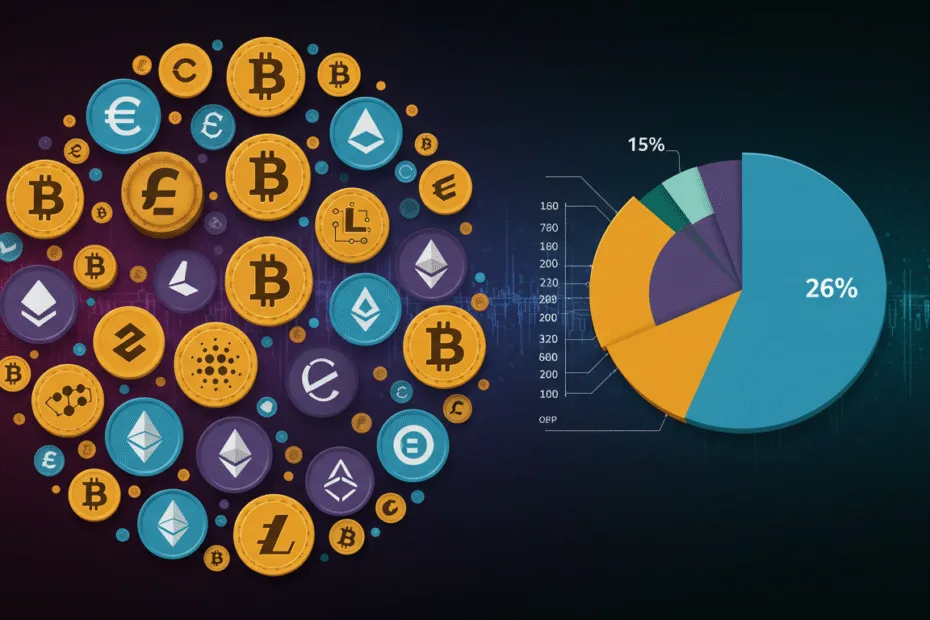 A graphic showing a diversified cryptocurrency portfolio with icons of Bitcoin, Ethereum, Cardano, and other altcoins