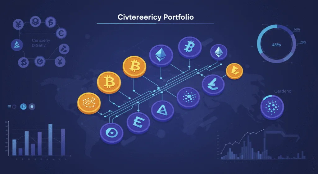 A graphic showing a diversified cryptocurrency portfolio with icons of Bitcoin Ethereum Cardano and other altcoins03 BLOG PK A graphic showing a diversified cryptocurrency portfolio with icons of Bitcoin Ethereum Cardano and other altcoins