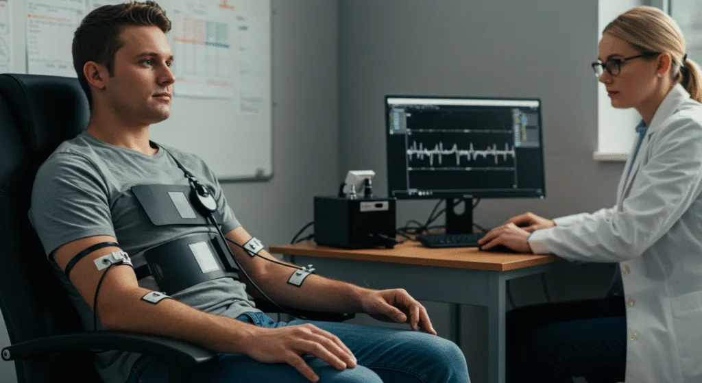 A person seated in a chair with polygraph01 BLOG PK Polygraph Test