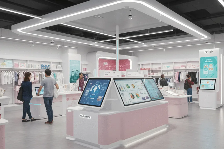 An AI powered retail store with cameras and sensors tracking customer movement and suggesting items on digital displays