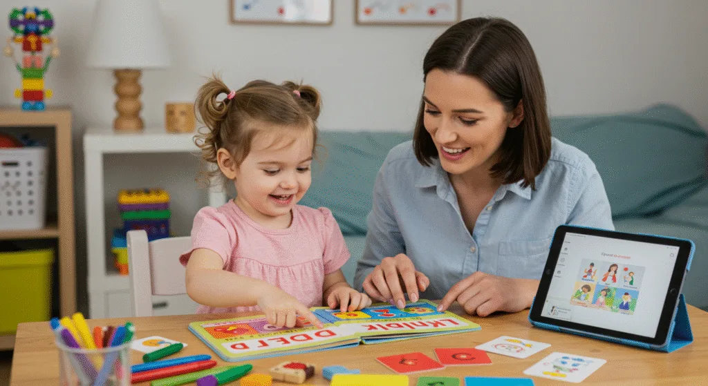 Bilingual toddler learning to read with mom