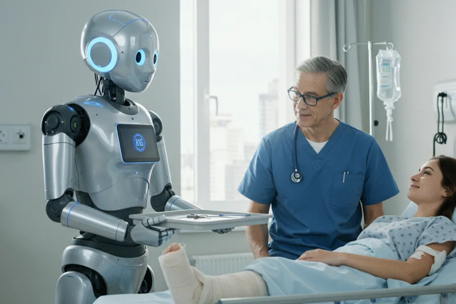 Humanoid robot assisting in a modern healthcare environment