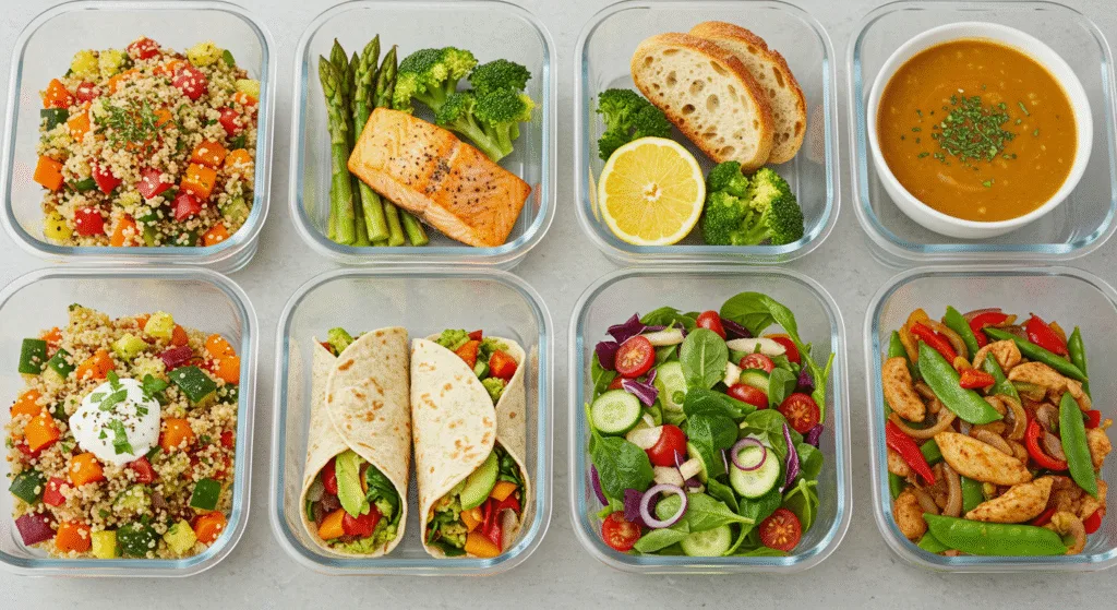 Meal Prep Containers with Healthy Foods01 BLOG PK Organized meal prep containers with nutritious portion controlled meals for the week
