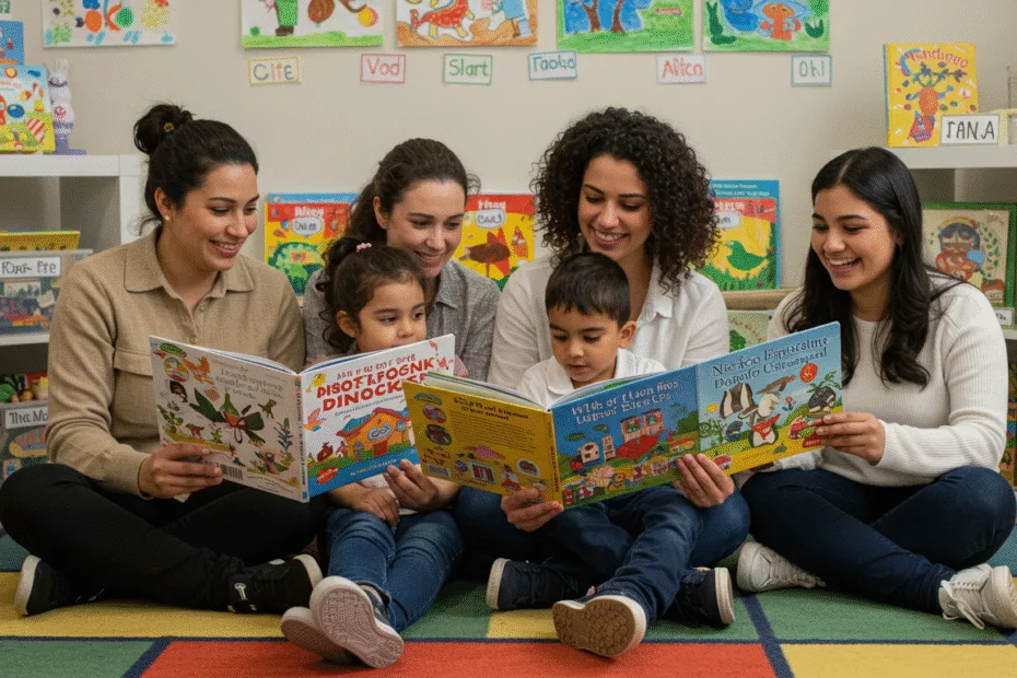 Multilingual family reading together at home