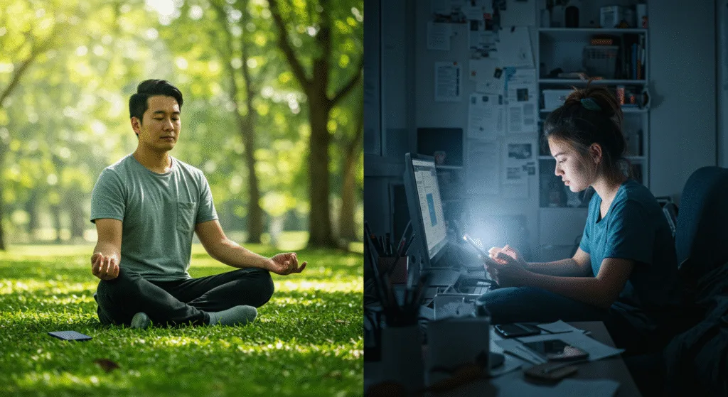 Balanced Lifestyle vs Excessive Social Media Use BLOG PK Side by side illustration showing healthy versus unhealthy social media habits