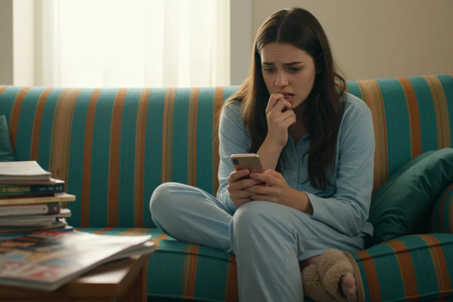 Young woman looking stressed while checking her phones social media