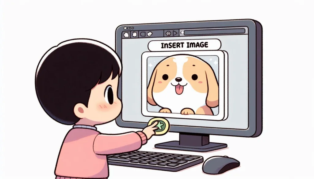 A cartoon kid clicking a button that says Insert Image and a picture of a smiling dog appears on the screen BLOG PK Adding Line Breaks and Images In HTML