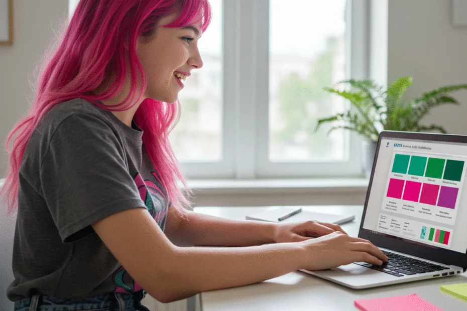 A girl typing into a computer screen showing a color palette labeled with CSS variables