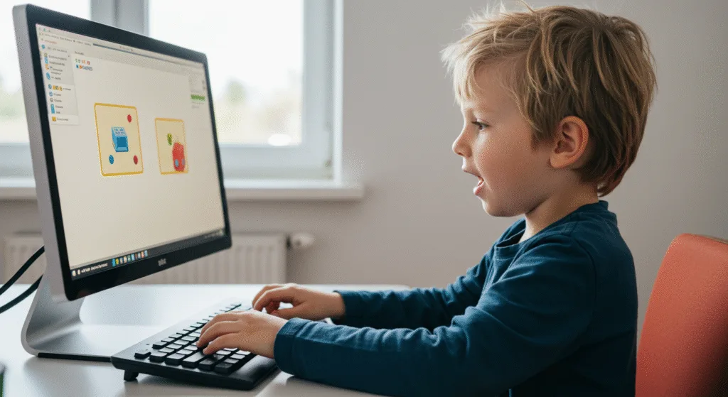 A kid typing into a computer screen showing two boxes floating left and right BLOG PK Layout with Float and Clear