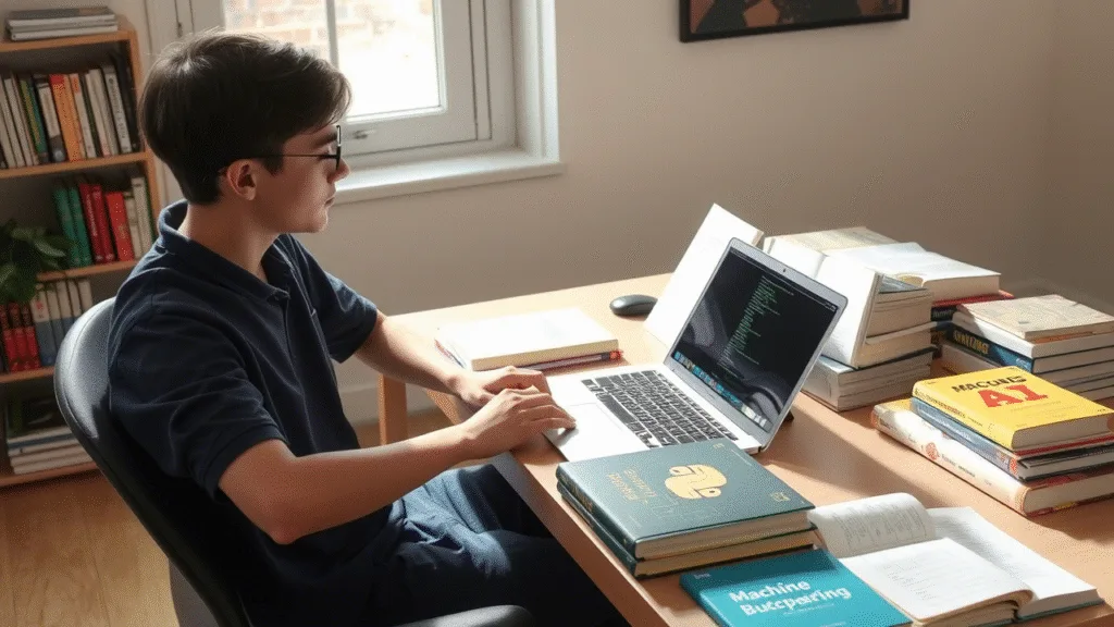 A student studying AI on a laptop surrounded by books on machine learning neural networks and Python code01 BLOG PK A student studying AI on a laptop surrounded by books on machine learning neural networks and Python code