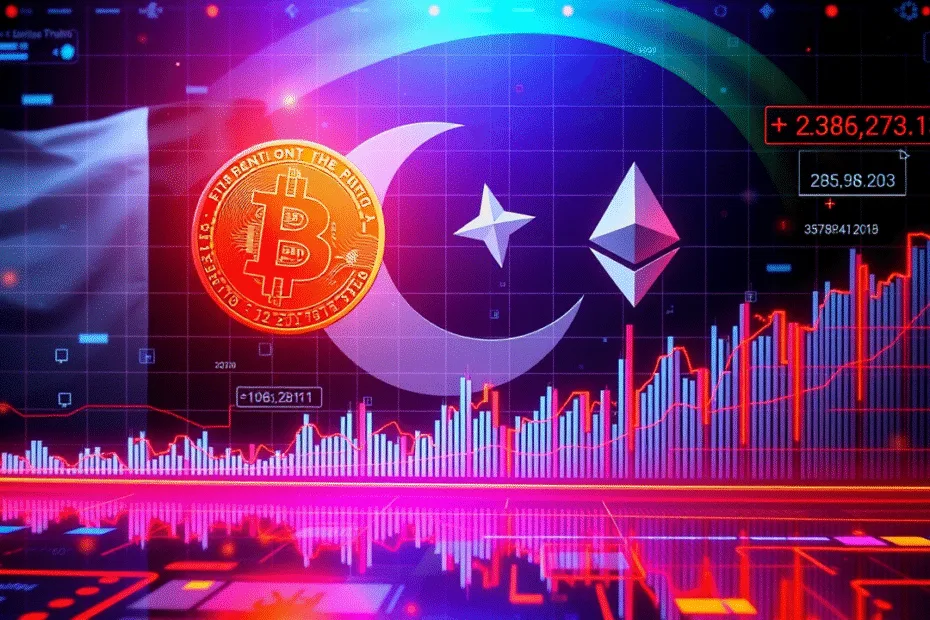 Cryptocurrency in Pakistan Cryptocurrency Market Chart with Pakistani Flag Overlay