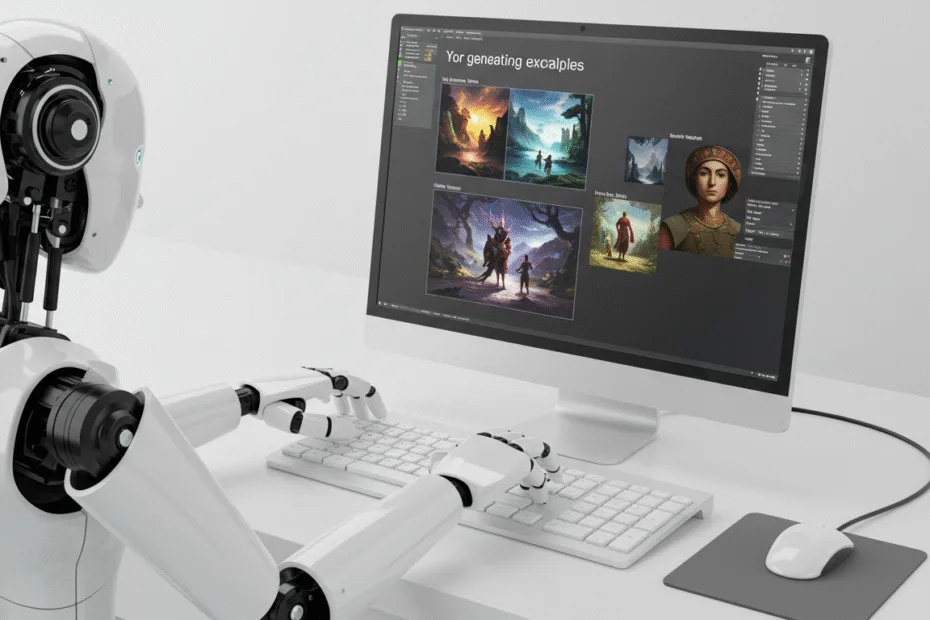 A Robot typing into a computer screen showing off their Prompt with examples
