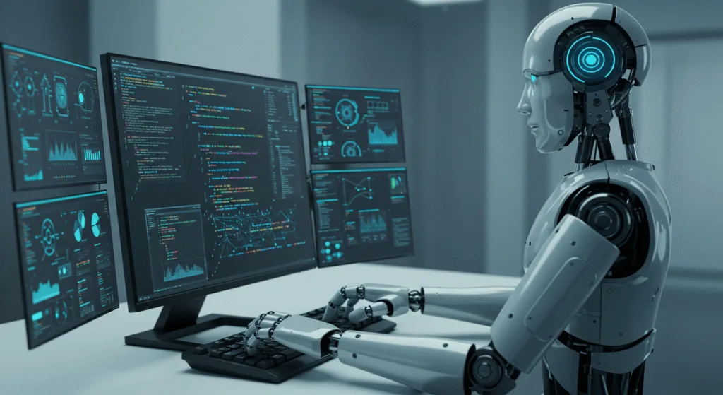 A robot typing into a computer screen AI thinking Providing Context BLOG PK Providing Context